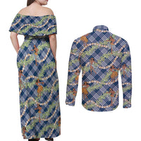 Navy Blue Palaka Hula Girls Seamless Hawaii Aloha Couples Matching Off Shoulder Maxi Dress and Long Sleeve Button Shirt - Polynesian Pride
