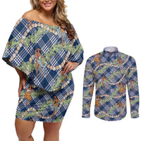 Navy Blue Palaka Hula Girls Seamless Hawaii Aloha Couples Matching Off Shoulder Short Dress and Long Sleeve Button Shirt - Polynesian Pride