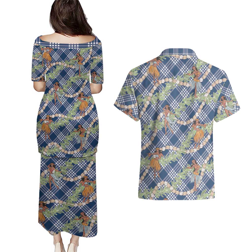 Navy Blue Palaka Hula Girls Seamless Hawaii Aloha Couples Matching Puletasi and Hawaiian Shirt - Polynesian Pride