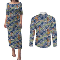 Navy Blue Palaka Hula Girls Seamless Hawaii Aloha Couples Matching Puletasi and Long Sleeve Button Shirt LT7 Navy Blue - Polynesian Pride