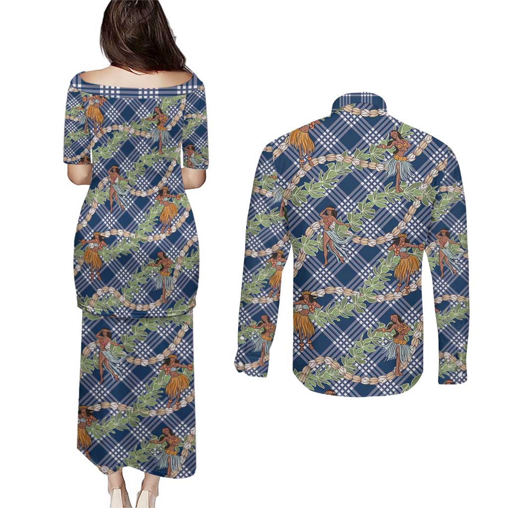 Navy Blue Palaka Hula Girls Seamless Hawaii Aloha Couples Matching Puletasi and Long Sleeve Button Shirt LT7 - Polynesian Pride
