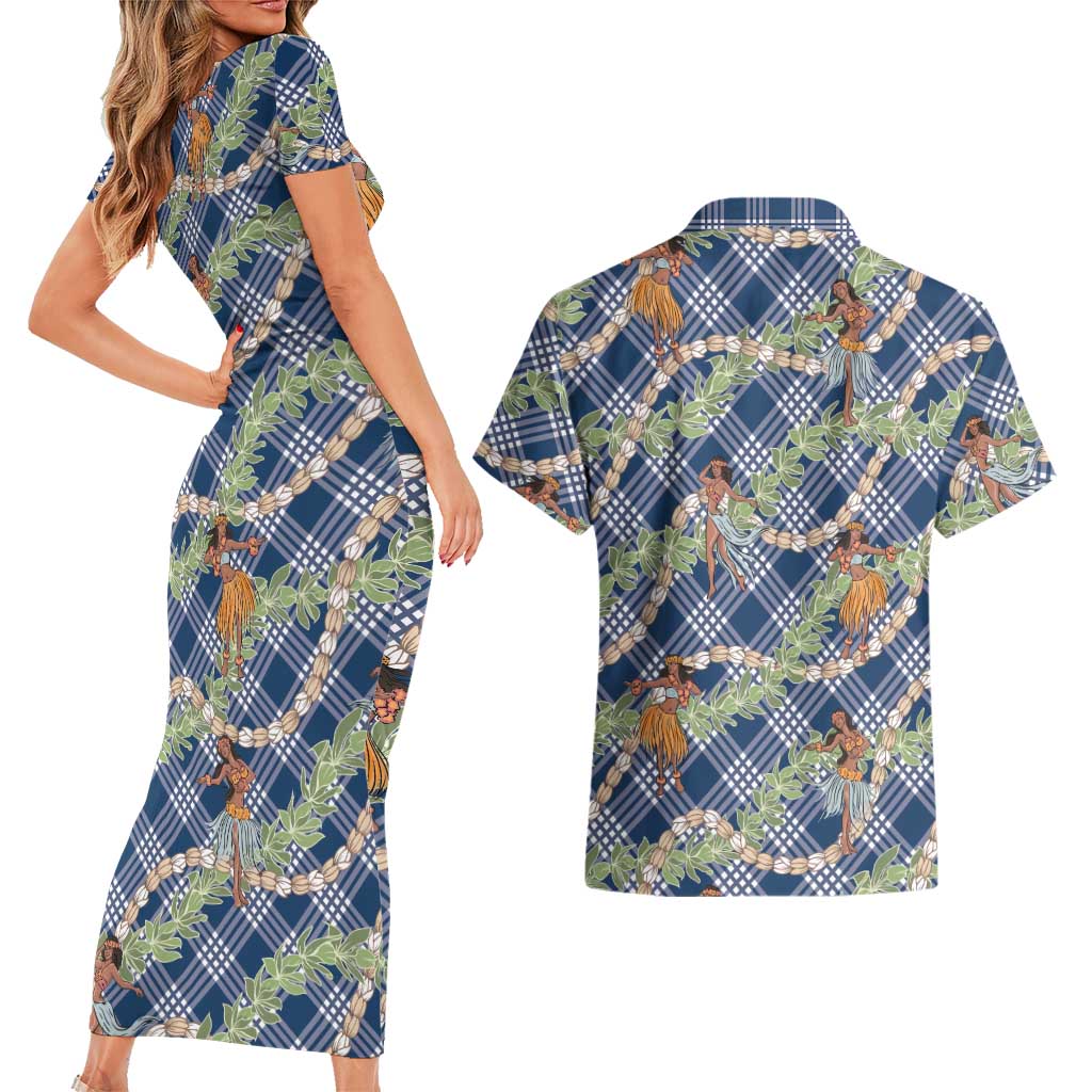 Navy Blue Palaka Hula Girls Seamless Hawaii Aloha Couples Matching Short Sleeve Bodycon Dress and Hawaiian Shirt - Polynesian Pride
