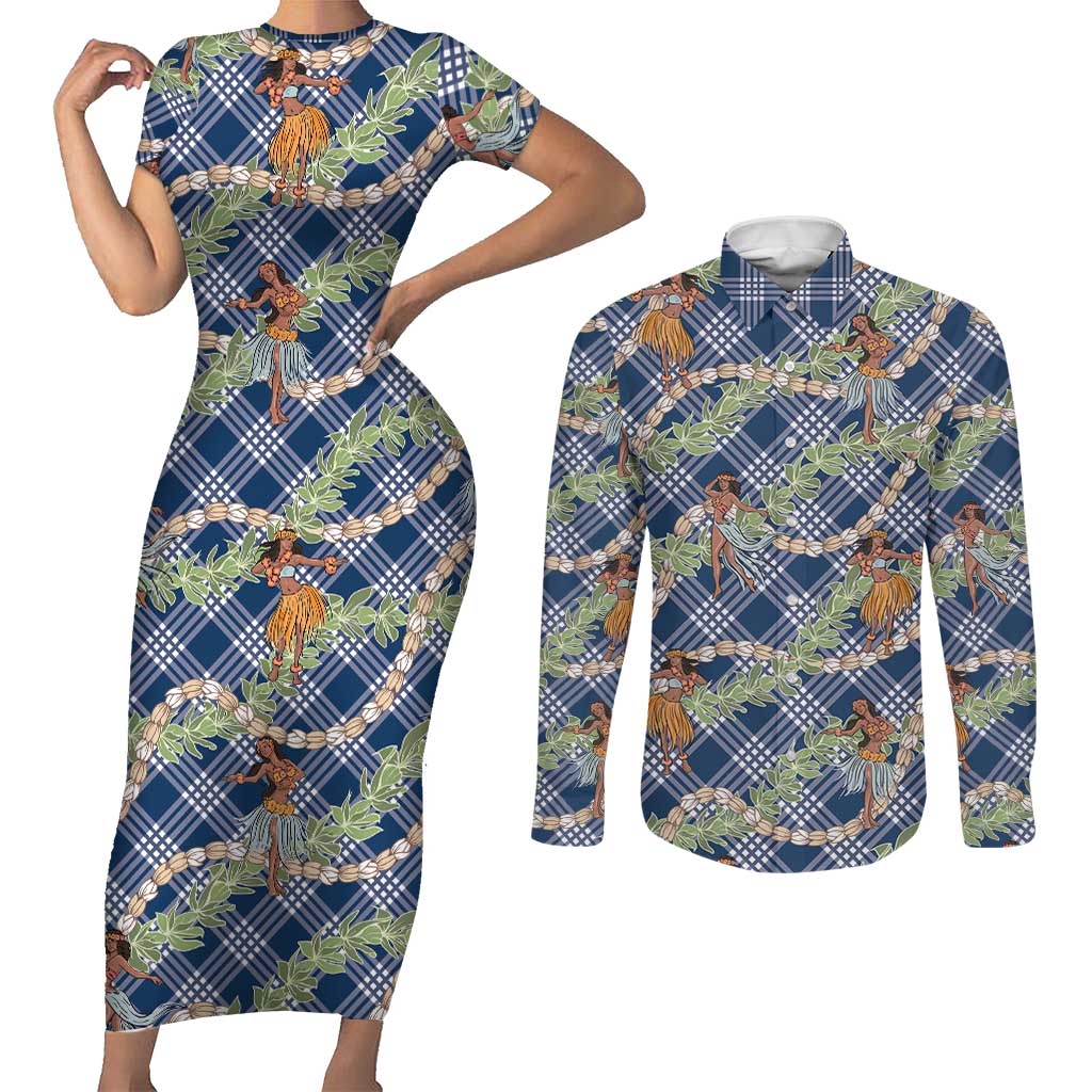 Navy Blue Palaka Hula Girls Seamless Hawaii Aloha Couples Matching Short Sleeve Bodycon Dress and Long Sleeve Button Shirt - Polynesian Pride