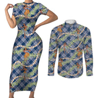 Navy Blue Palaka Hula Girls Seamless Hawaii Aloha Couples Matching Short Sleeve Bodycon Dress and Long Sleeve Button Shirt - Polynesian Pride