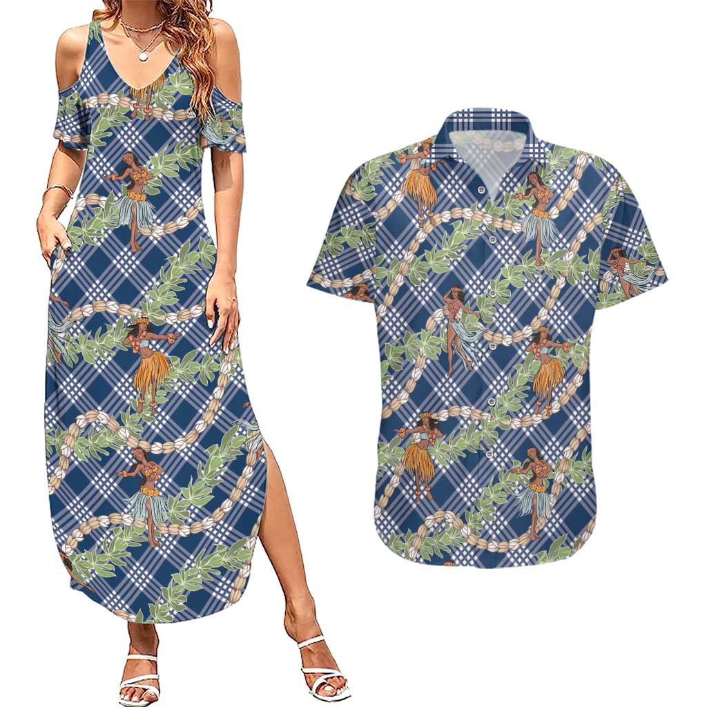 Navy Blue Palaka Hula Girls Seamless Hawaii Aloha Couples Matching Summer Maxi Dress and Hawaiian Shirt - Polynesian Pride