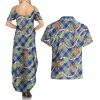 Navy Blue Palaka Hula Girls Seamless Hawaii Aloha Couples Matching Summer Maxi Dress and Hawaiian Shirt - Polynesian Pride
