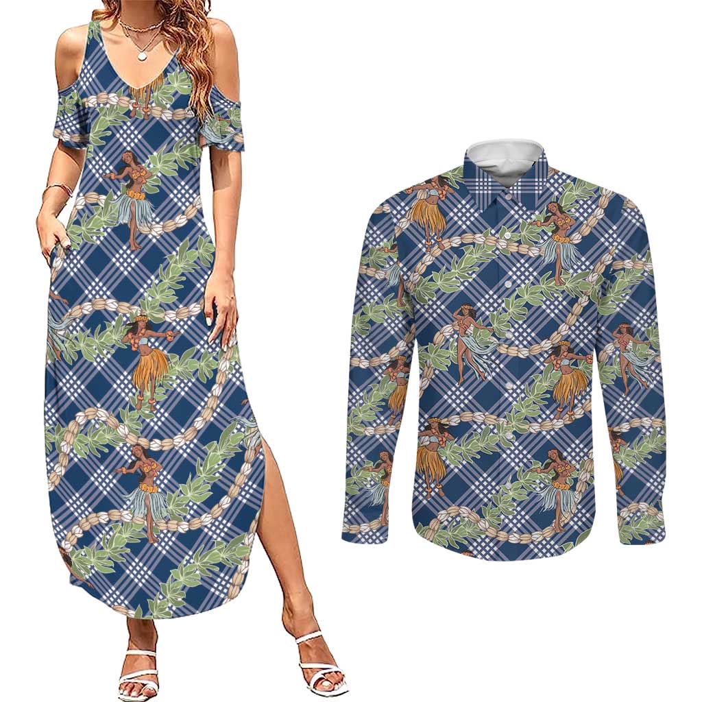 Navy Blue Palaka Hula Girls Seamless Hawaii Aloha Couples Matching Summer Maxi Dress and Long Sleeve Button Shirt - Polynesian Pride