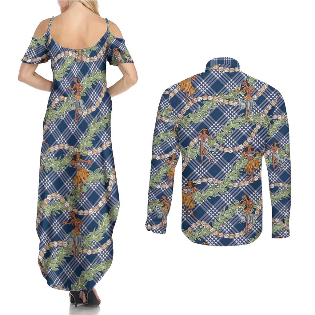 Navy Blue Palaka Hula Girls Seamless Hawaii Aloha Couples Matching Summer Maxi Dress and Long Sleeve Button Shirt - Polynesian Pride
