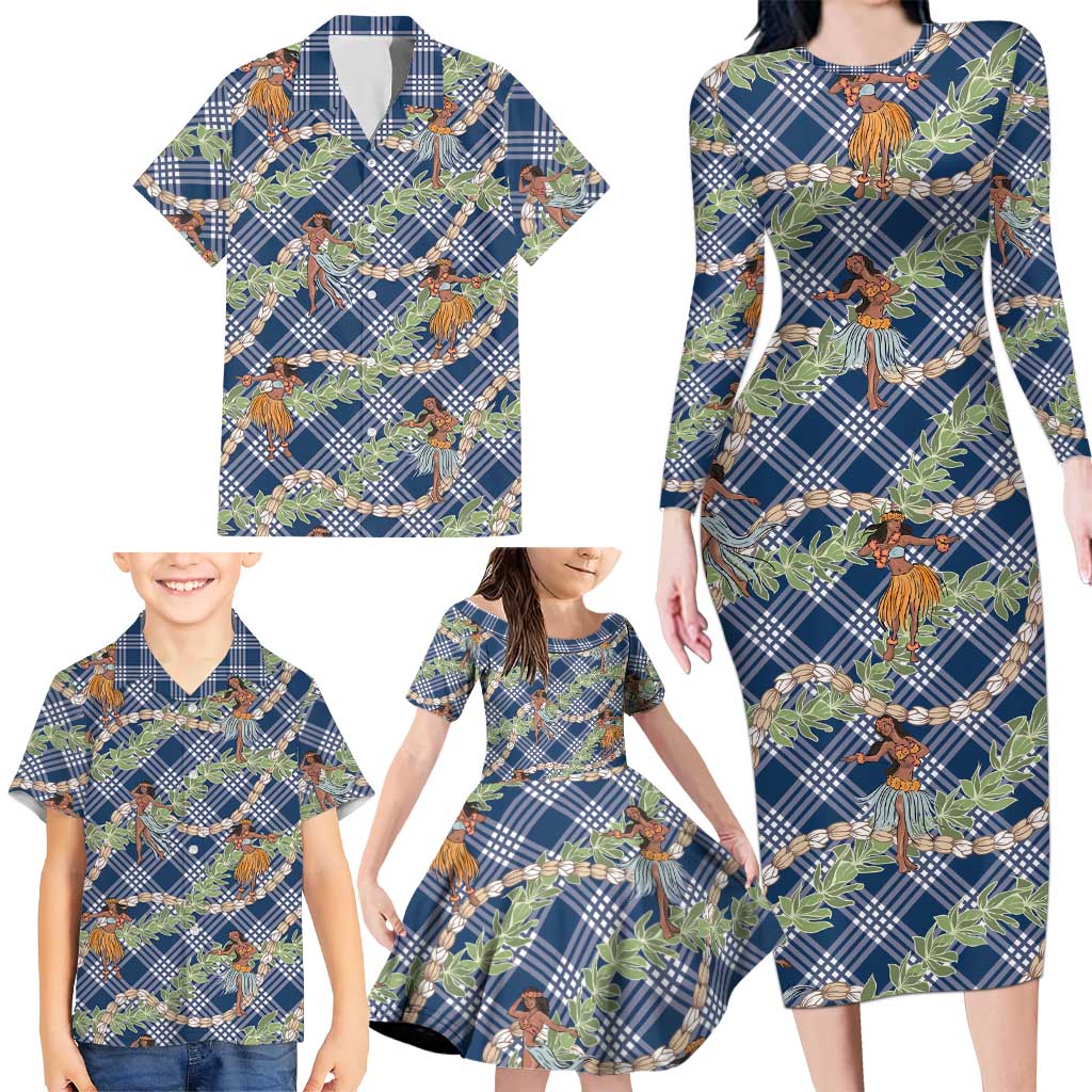 Navy Blue Palaka Hula Girls Seamless Hawaii Aloha Family Matching Long Sleeve Bodycon Dress and Hawaiian Shirt - Polynesian Pride