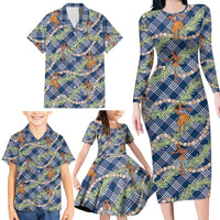 Navy Blue Palaka Hula Girls Seamless Hawaii Aloha Family Matching Long Sleeve Bodycon Dress and Hawaiian Shirt - Polynesian Pride