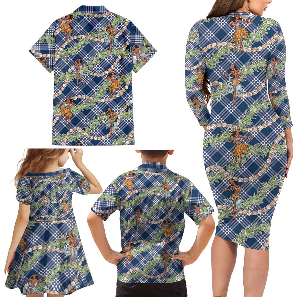 Navy Blue Palaka Hula Girls Seamless Hawaii Aloha Family Matching Long Sleeve Bodycon Dress and Hawaiian Shirt - Polynesian Pride