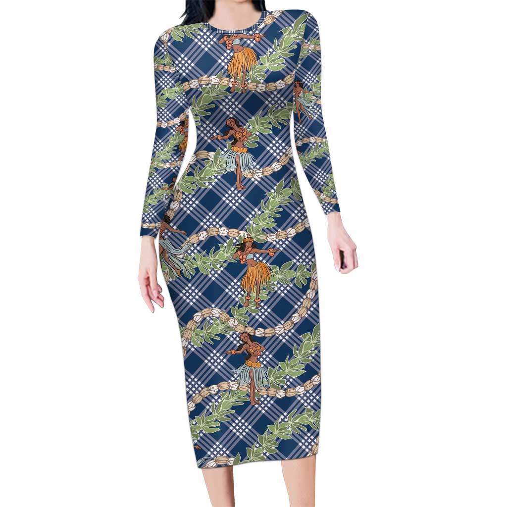 Navy Blue Palaka Hula Girls Seamless Hawaii Aloha Family Matching Long Sleeve Bodycon Dress and Hawaiian Shirt - Polynesian Pride