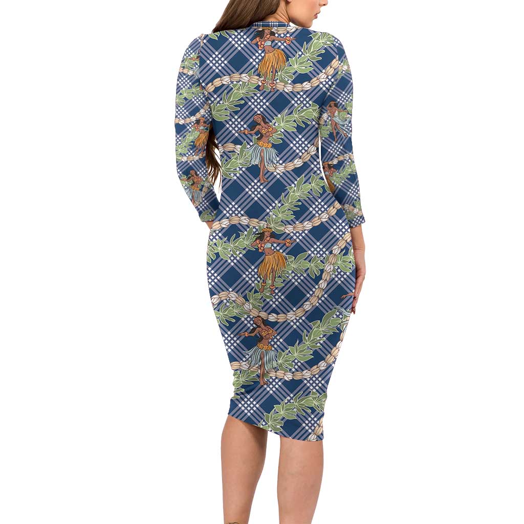 Navy Blue Palaka Hula Girls Seamless Hawaii Aloha Family Matching Long Sleeve Bodycon Dress and Hawaiian Shirt - Polynesian Pride