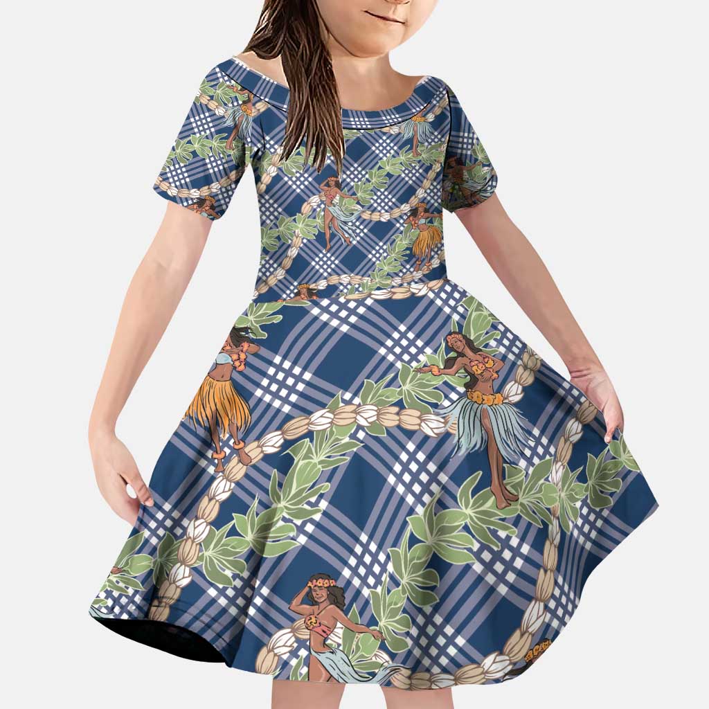 Navy Blue Palaka Hula Girls Seamless Hawaii Aloha Family Matching Mermaid Dress and Hawaiian Shirt - Polynesian Pride