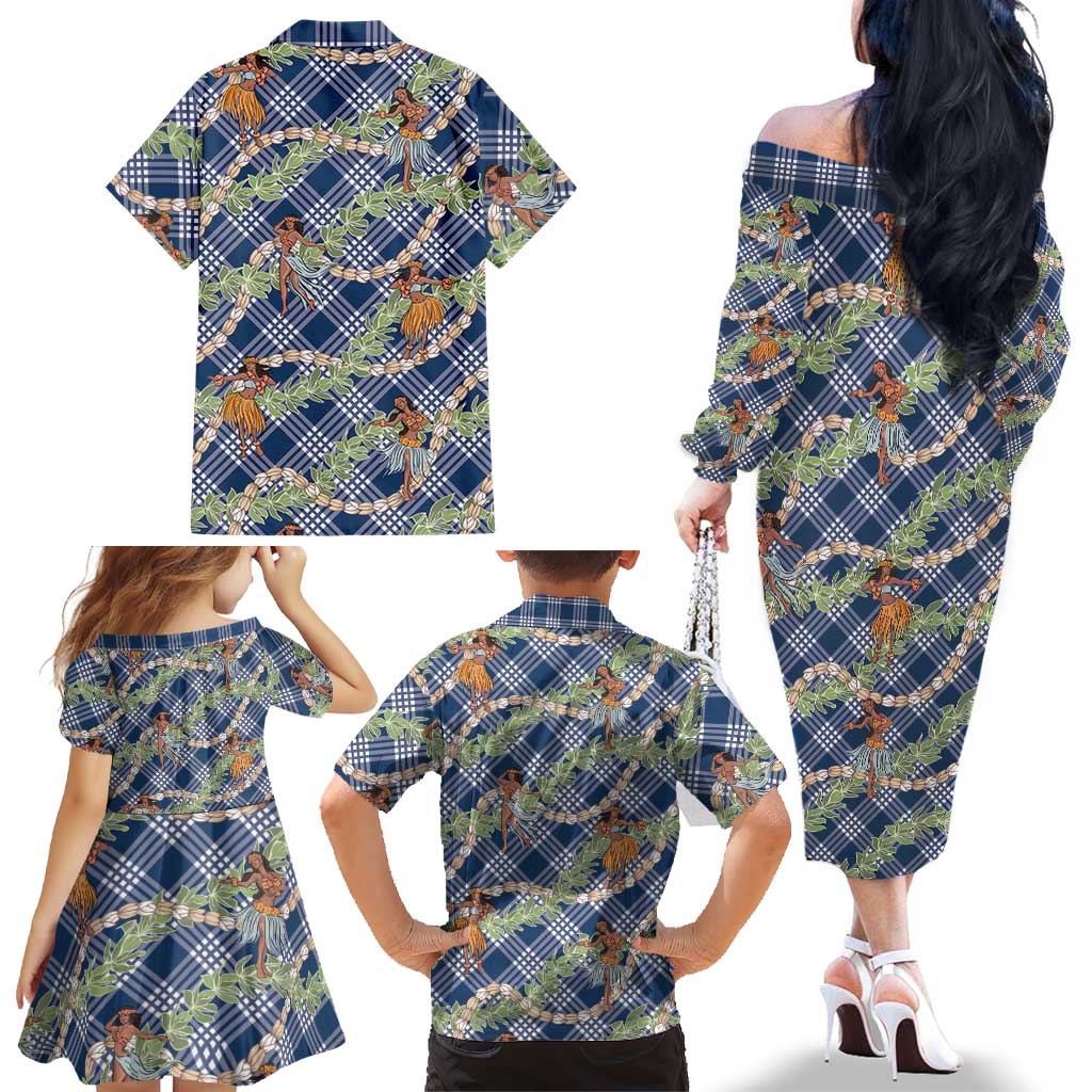 Navy Blue Palaka Hula Girls Seamless Hawaii Aloha Family Matching Off The Shoulder Long Sleeve Dress and Hawaiian Shirt - Polynesian Pride