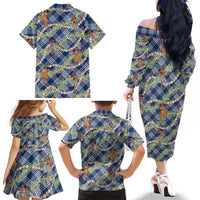 Navy Blue Palaka Hula Girls Seamless Hawaii Aloha Family Matching Off The Shoulder Long Sleeve Dress and Hawaiian Shirt - Polynesian Pride