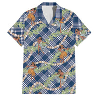Navy Blue Palaka Hula Girls Seamless Hawaii Aloha Family Matching Off The Shoulder Long Sleeve Dress and Hawaiian Shirt - Polynesian Pride