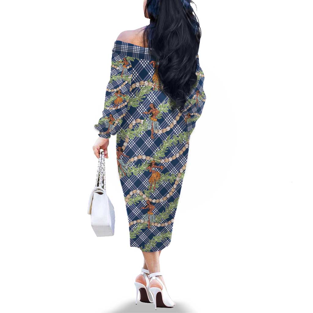 Navy Blue Palaka Hula Girls Seamless Hawaii Aloha Family Matching Off The Shoulder Long Sleeve Dress and Hawaiian Shirt - Polynesian Pride