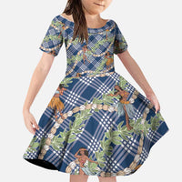 Navy Blue Palaka Hula Girls Seamless Hawaii Aloha Family Matching Off Shoulder Short Dress and Hawaiian Shirt - Polynesian Pride