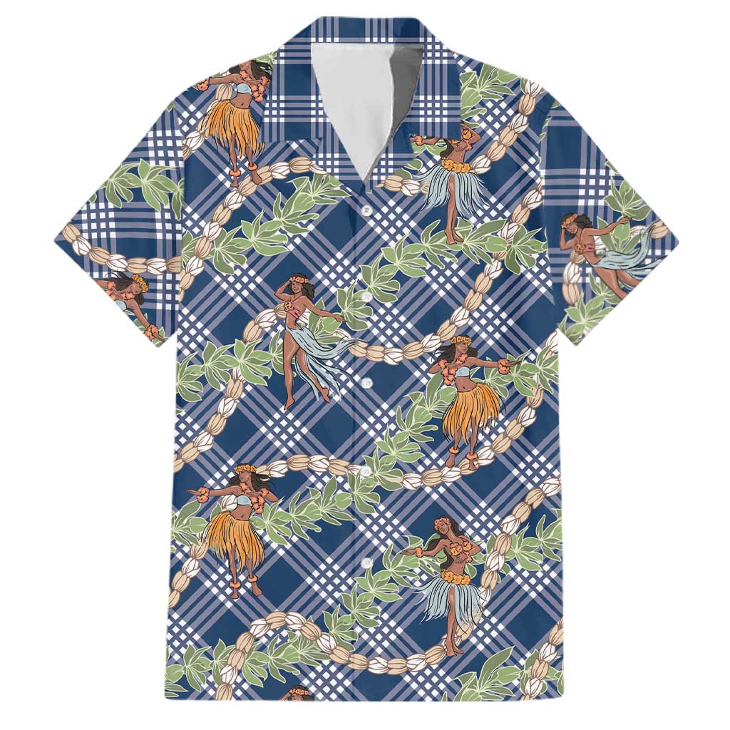 Navy Blue Palaka Hula Girls Seamless Hawaii Aloha Family Matching Off Shoulder Short Dress and Hawaiian Shirt - Polynesian Pride