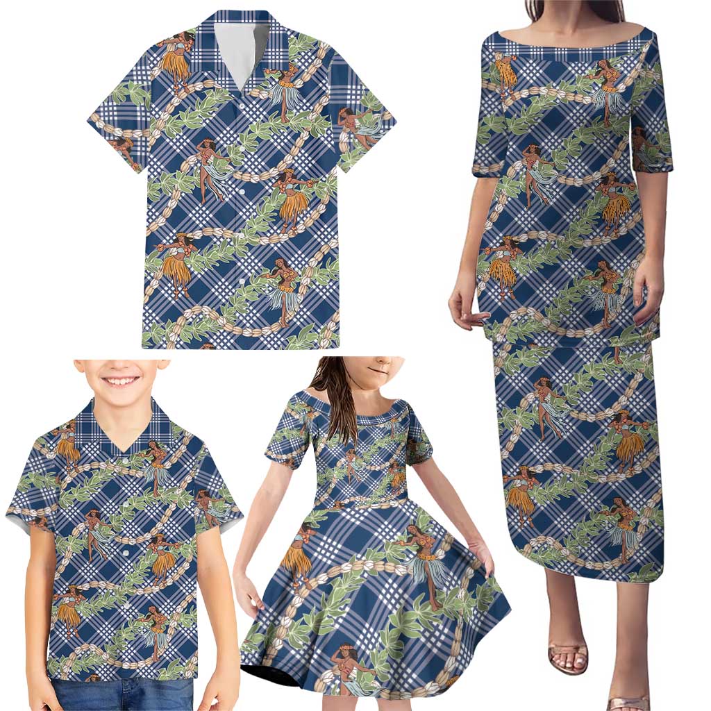 Navy Blue Palaka Hula Girls Seamless Hawaii Aloha Family Matching Puletasi and Hawaiian Shirt - Polynesian Pride