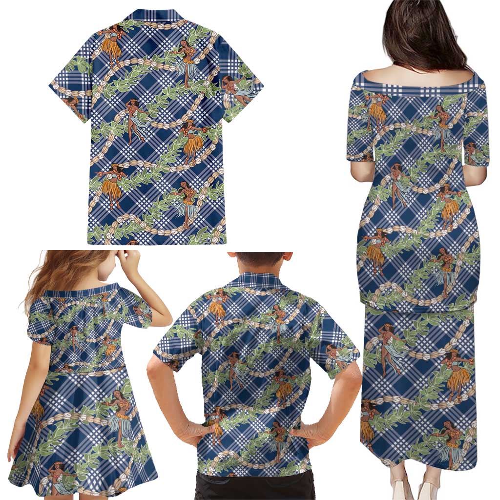 Navy Blue Palaka Hula Girls Seamless Hawaii Aloha Family Matching Puletasi and Hawaiian Shirt - Polynesian Pride