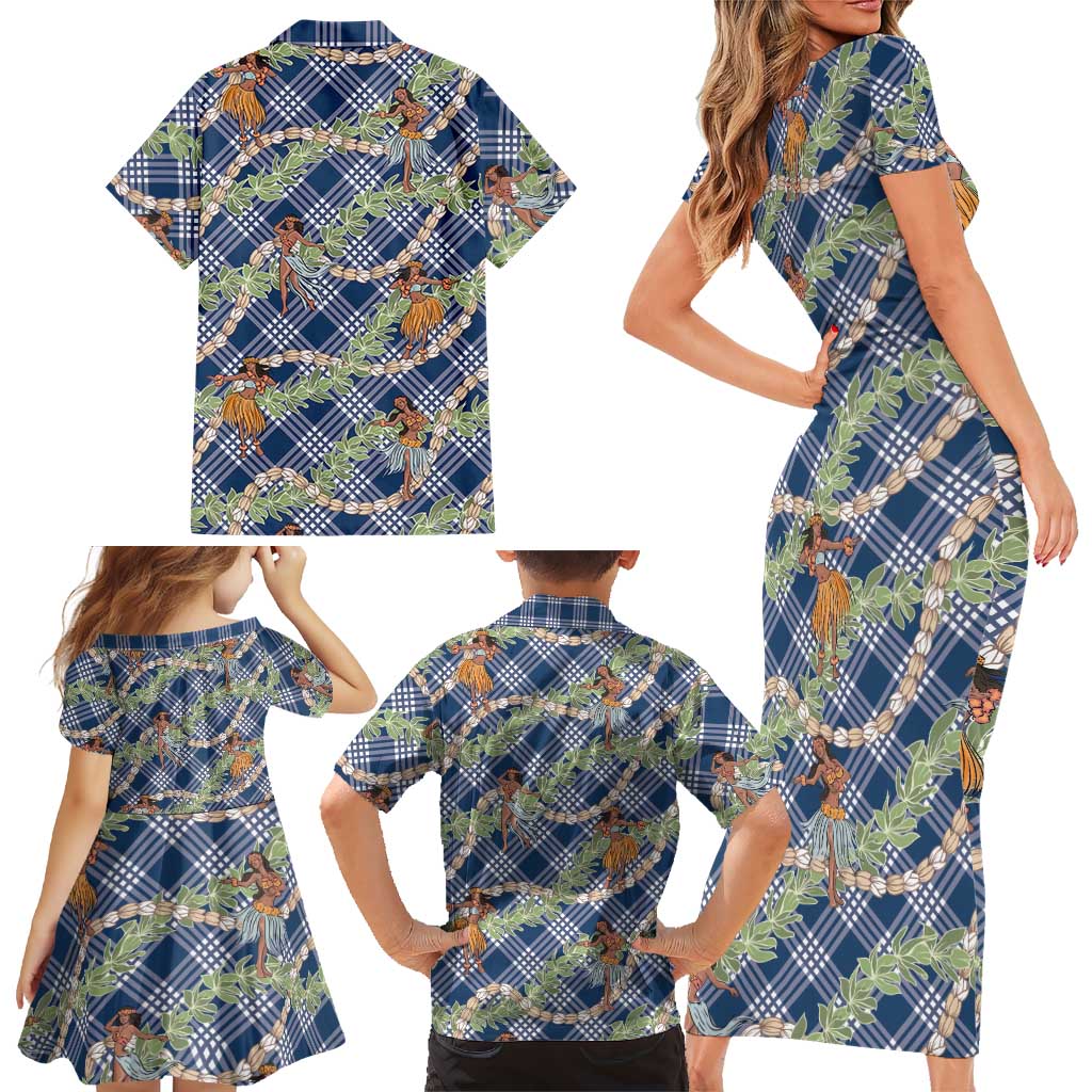 Navy Blue Palaka Hula Girls Seamless Hawaii Aloha Family Matching Short Sleeve Bodycon Dress and Hawaiian Shirt - Polynesian Pride