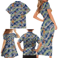 Navy Blue Palaka Hula Girls Seamless Hawaii Aloha Family Matching Short Sleeve Bodycon Dress and Hawaiian Shirt - Polynesian Pride