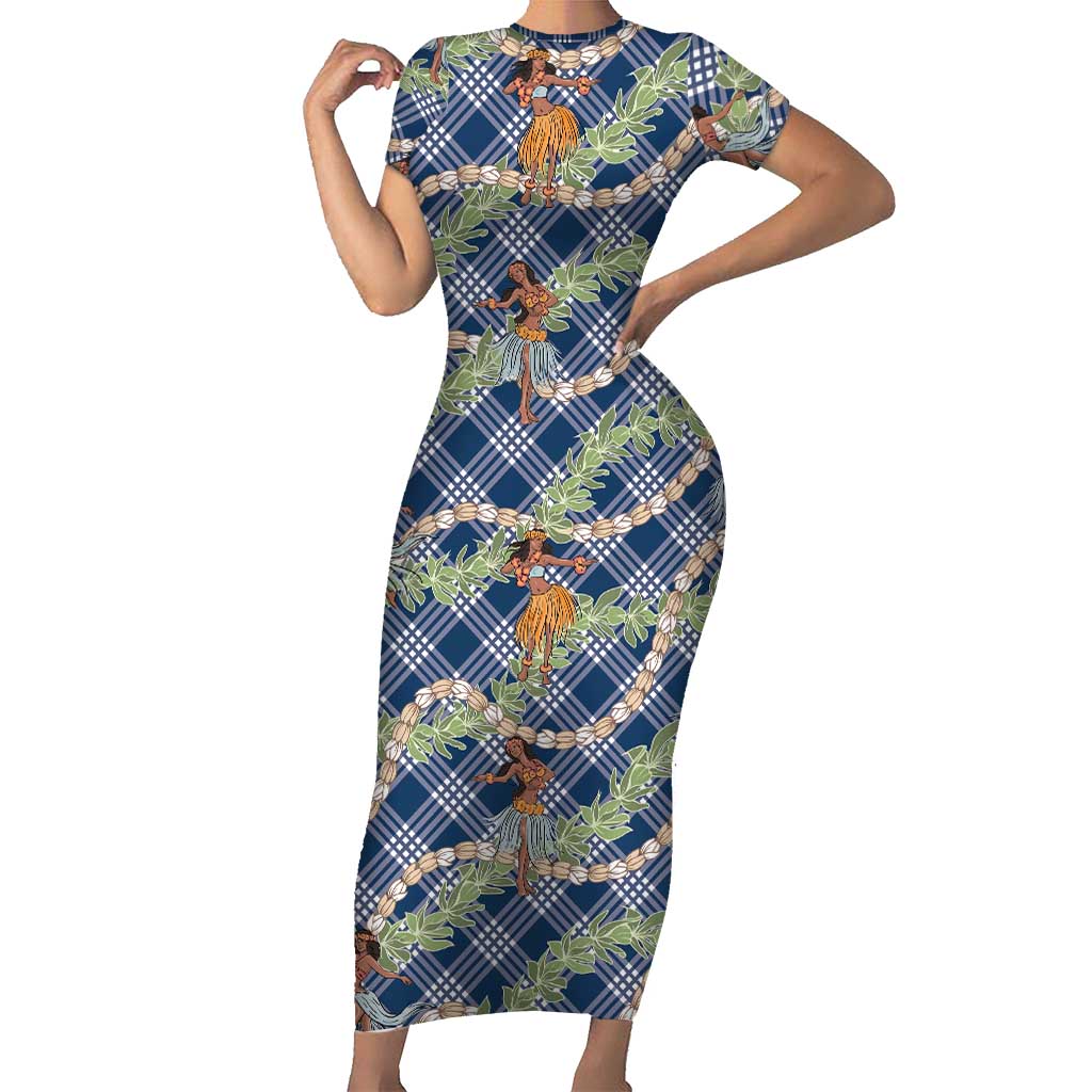 Navy Blue Palaka Hula Girls Seamless Hawaii Aloha Family Matching Short Sleeve Bodycon Dress and Hawaiian Shirt - Polynesian Pride