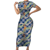 Navy Blue Palaka Hula Girls Seamless Hawaii Aloha Family Matching Short Sleeve Bodycon Dress and Hawaiian Shirt - Polynesian Pride