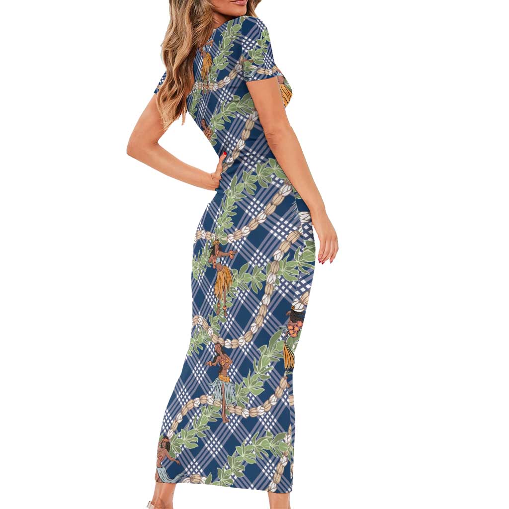 Navy Blue Palaka Hula Girls Seamless Hawaii Aloha Family Matching Short Sleeve Bodycon Dress and Hawaiian Shirt - Polynesian Pride