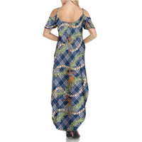 Navy Blue Palaka Hula Girls Seamless Hawaii Aloha Family Matching Summer Maxi Dress and Hawaiian Shirt - Polynesian Pride