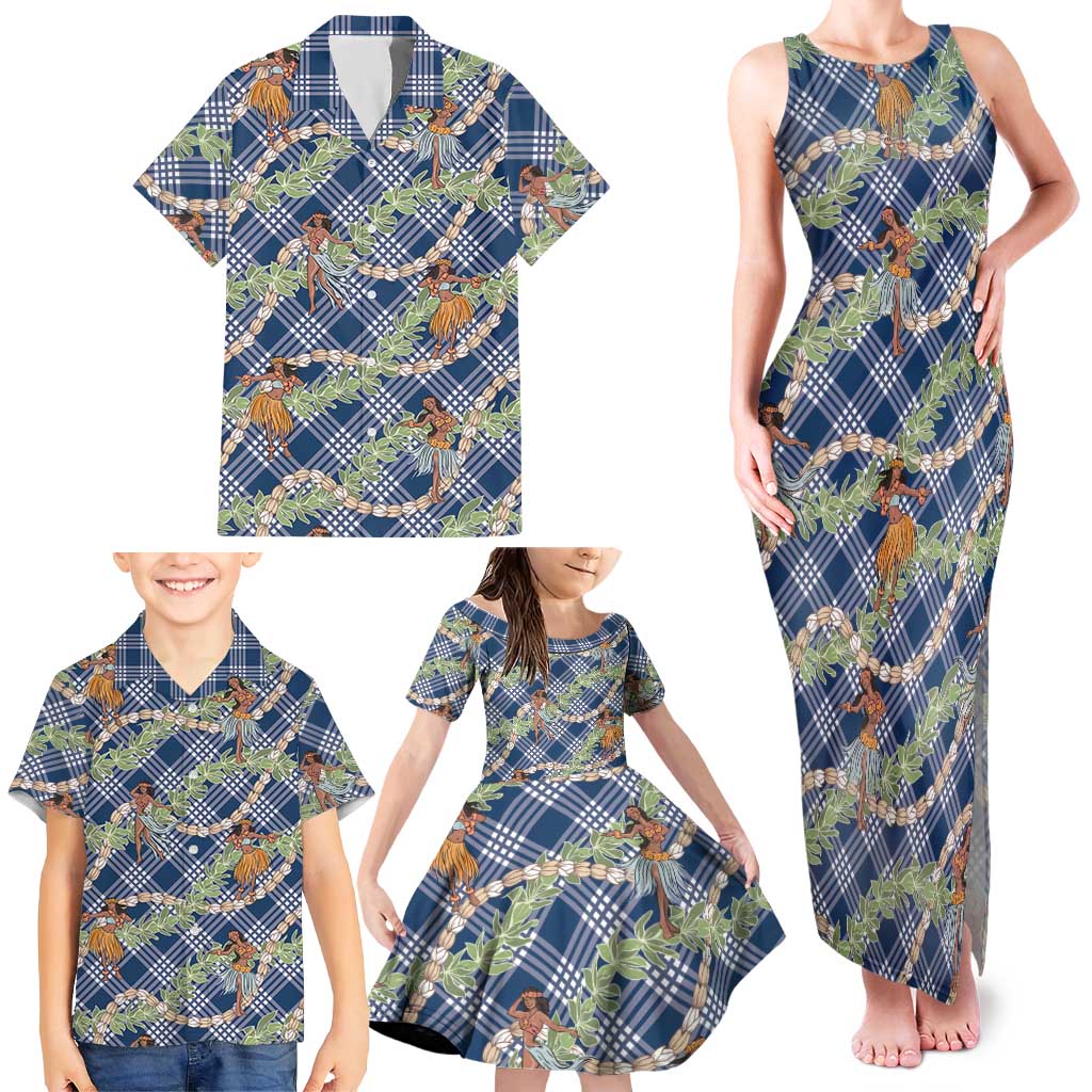 Navy Blue Palaka Hula Girls Seamless Hawaii Aloha Family Matching Tank Maxi Dress and Hawaiian Shirt - Polynesian Pride