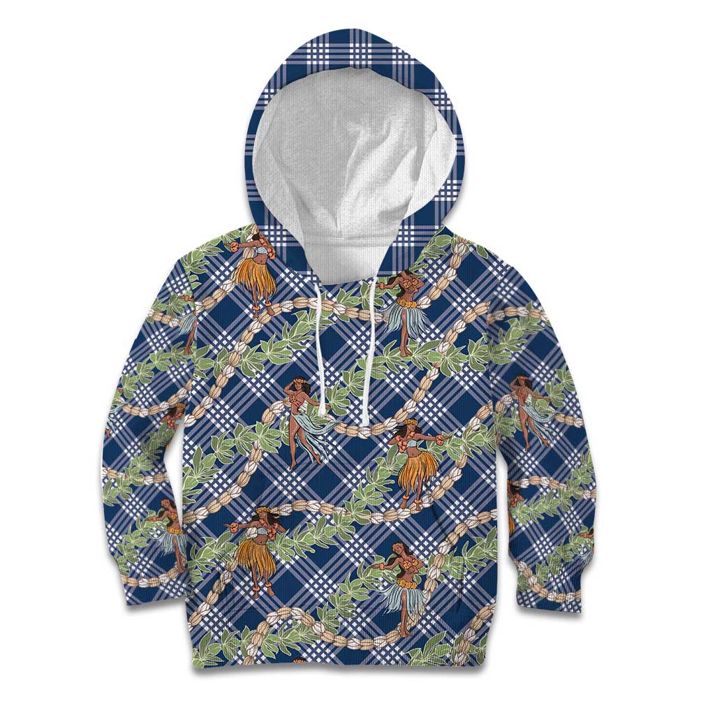 Navy Blue Palaka Hula Girls Seamless Hawaii Aloha Kid Hoodie - Polynesian Pride