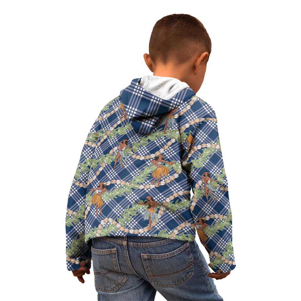 Navy Blue Palaka Hula Girls Seamless Hawaii Aloha Kid Hoodie - Polynesian Pride