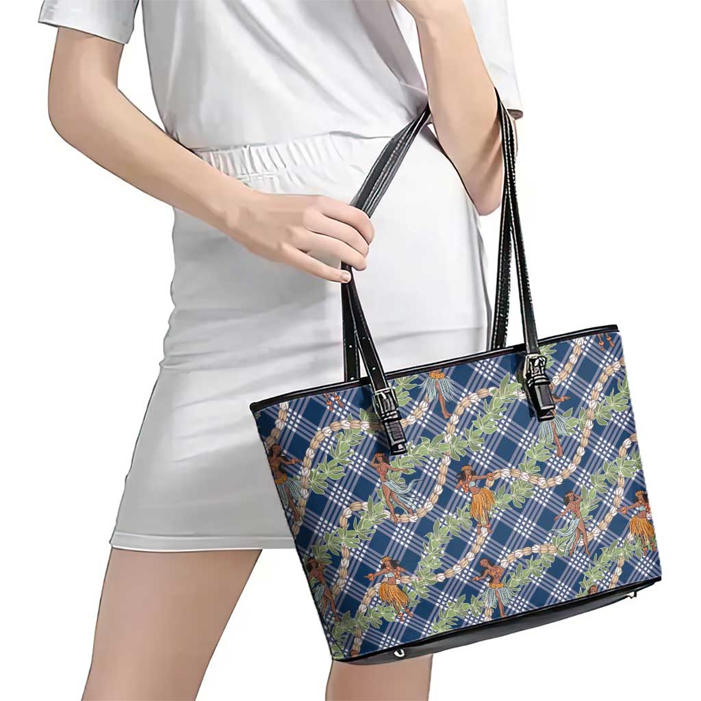 Navy Blue Palaka Hula Girls Seamless Hawaii Aloha Leather Tote Bag - Polynesian Pride