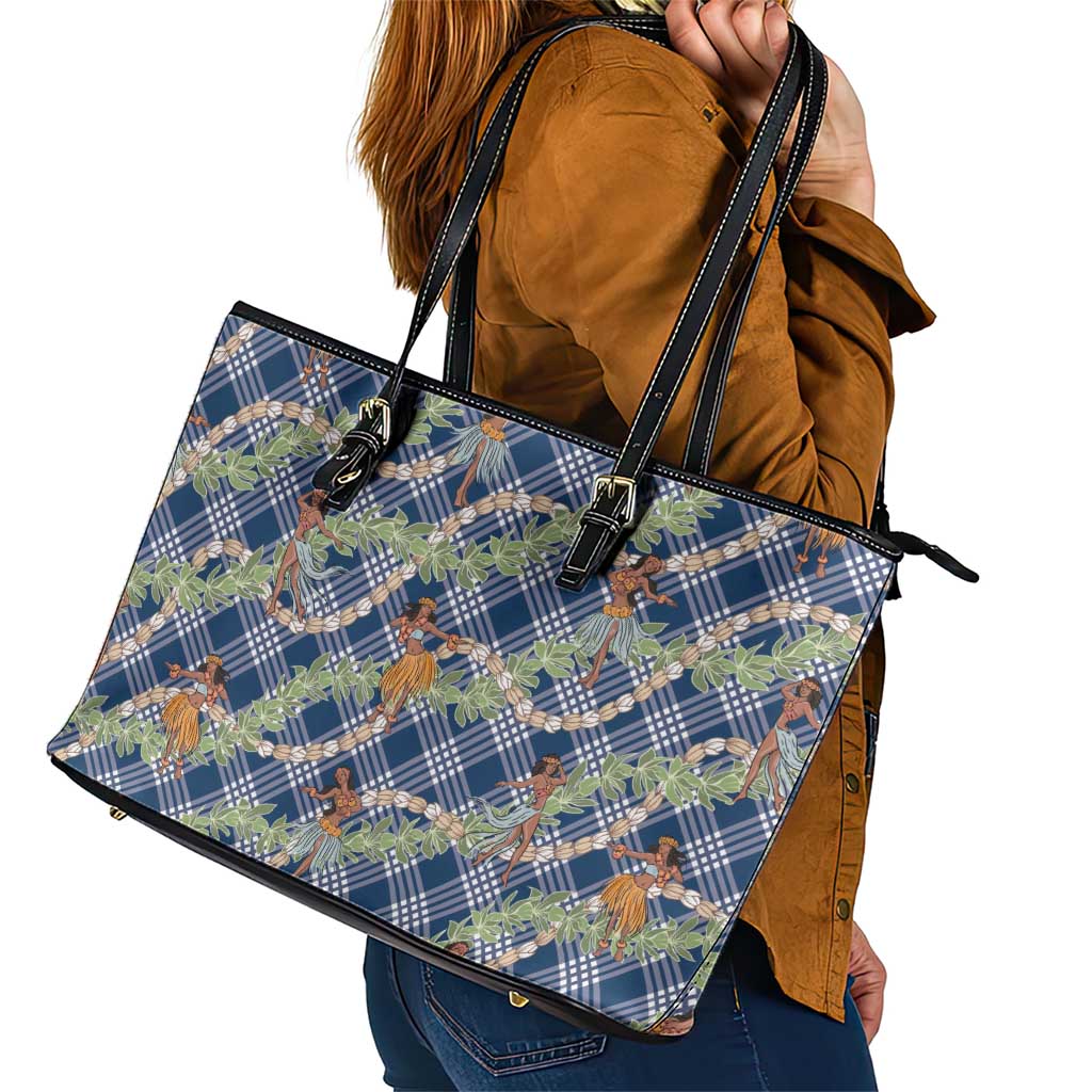 Navy Blue Palaka Hula Girls Seamless Hawaii Aloha Leather Tote Bag - Polynesian Pride