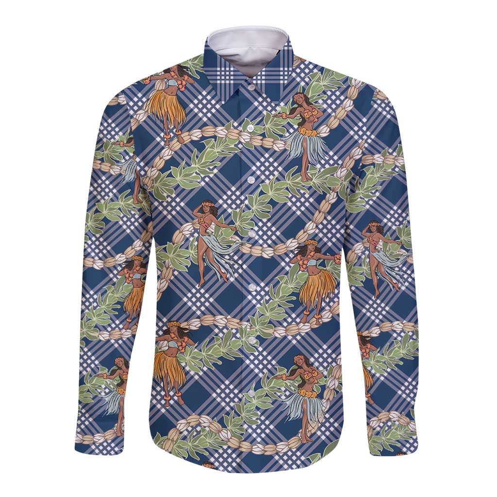 Navy Blue Palaka Hula Girls Seamless Hawaii Aloha Long Sleeve Button Shirt - Polynesian Pride