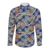 Navy Blue Palaka Hula Girls Seamless Hawaii Aloha Long Sleeve Button Shirt - Polynesian Pride
