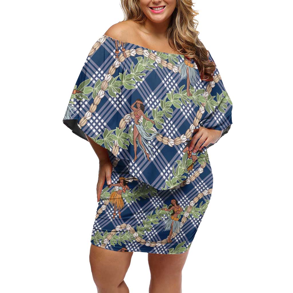 Navy Blue Palaka Hula Girls Seamless Hawaii Aloha Off Shoulder Short Dress - Polynesian Pride