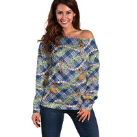 Navy Blue Palaka Hula Girls Seamless Hawaii Aloha Off Shoulder Sweater LT7 Women Navy Blue - Polynesian Pride