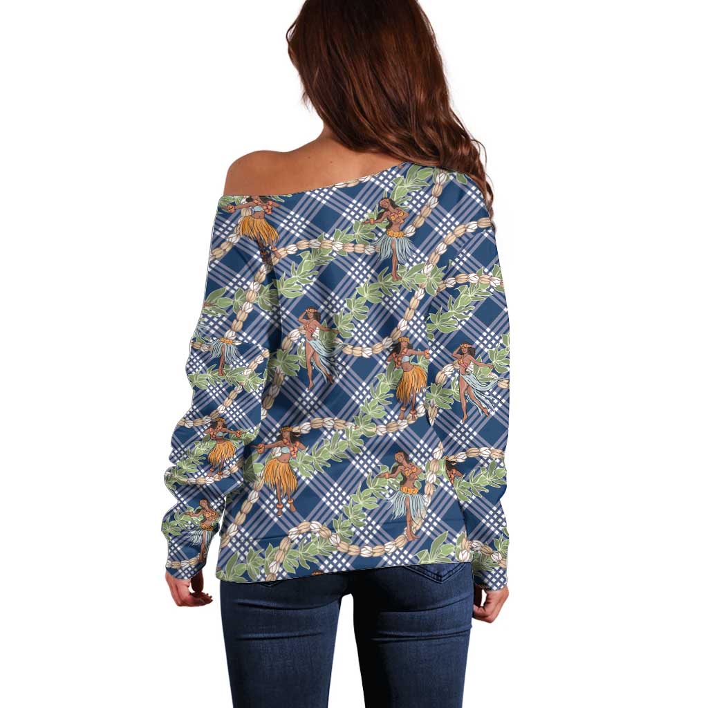 Navy Blue Palaka Hula Girls Seamless Hawaii Aloha Off Shoulder Sweater LT7 - Polynesian Pride