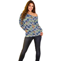 Navy Blue Palaka Hula Girls Seamless Hawaii Aloha Off Shoulder Sweater LT7 - Polynesian Pride