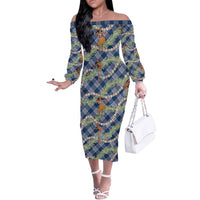 Navy Blue Palaka Hula Girls Seamless Hawaii Aloha Off The Shoulder Long Sleeve Dress LT7 Women Navy Blue - Polynesian Pride