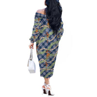 Navy Blue Palaka Hula Girls Seamless Hawaii Aloha Off The Shoulder Long Sleeve Dress LT7 - Polynesian Pride