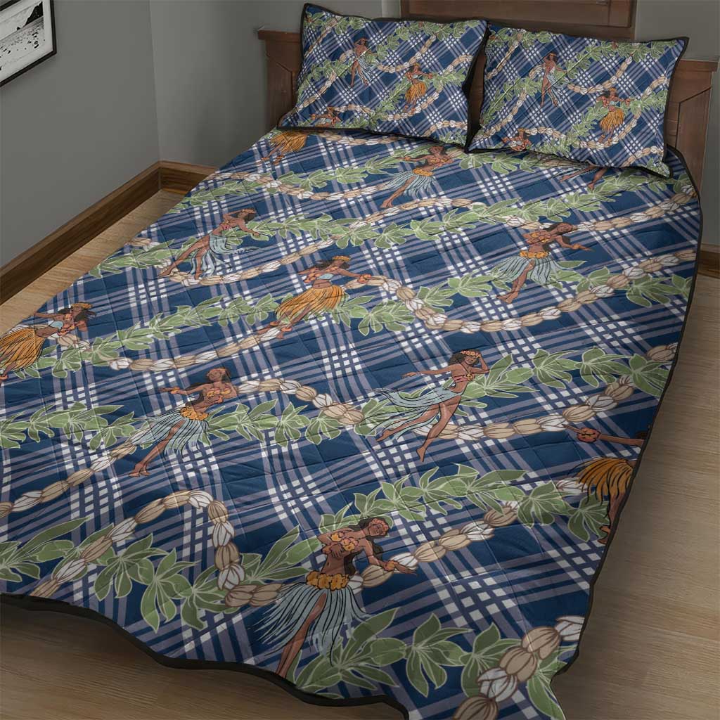 Navy Blue Palaka Hula Girls Seamless Hawaii Aloha Quilt Bed Set LT7 - Polynesian Pride