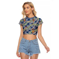 Navy Blue Palaka Hula Girls Seamless Hawaii Aloha Raglan Cropped T Shirt - Polynesian Pride