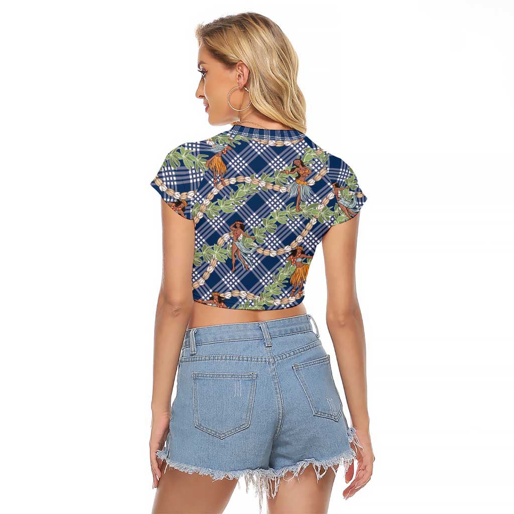 Navy Blue Palaka Hula Girls Seamless Hawaii Aloha Raglan Cropped T Shirt - Polynesian Pride
