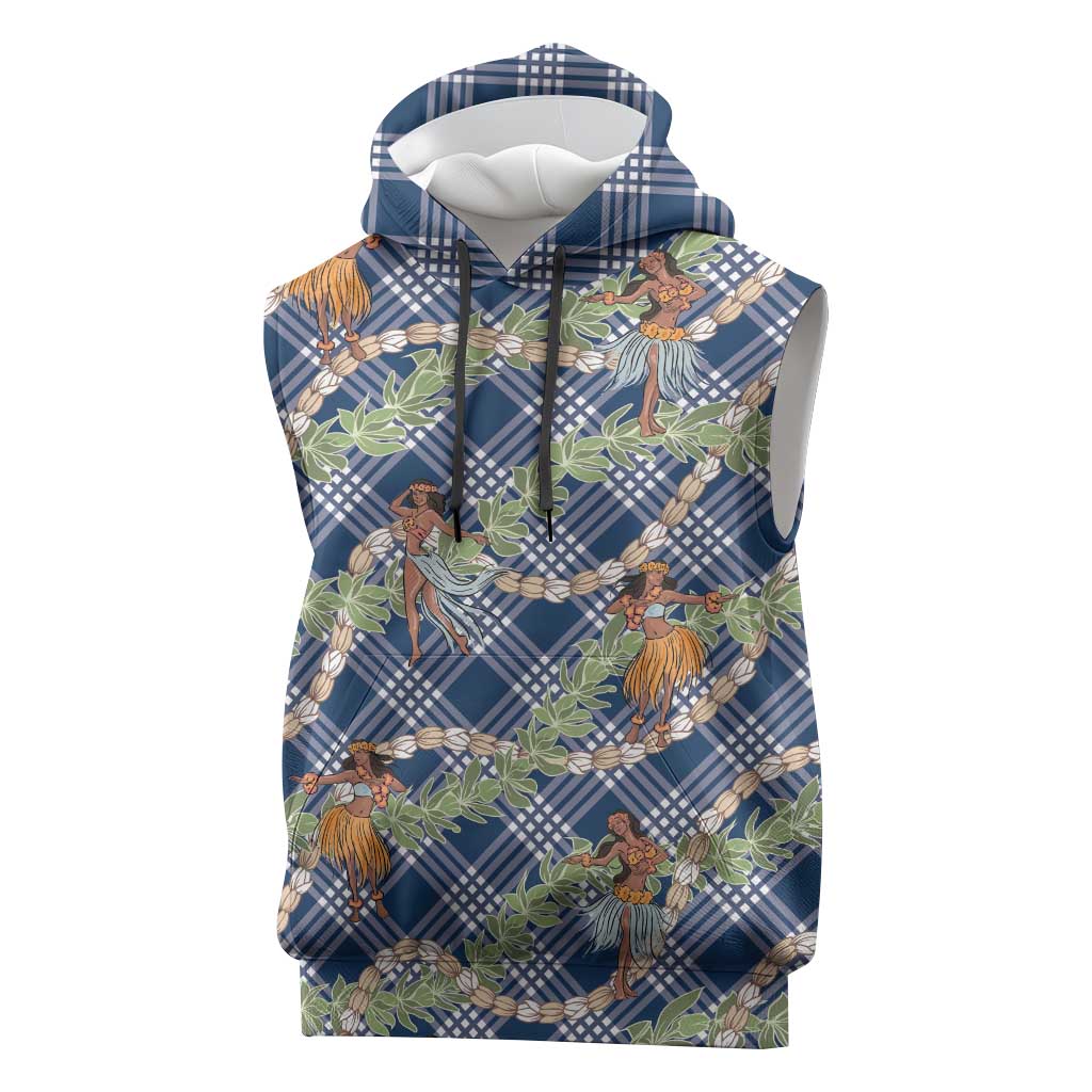 Navy Blue Palaka Hula Girls Seamless Hawaii Aloha Sleeveless Hoodie - Polynesian Pride