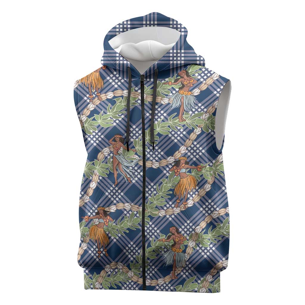 Navy Blue Palaka Hula Girls Seamless Hawaii Aloha Sleeveless Zip Hoodie - Polynesian Pride